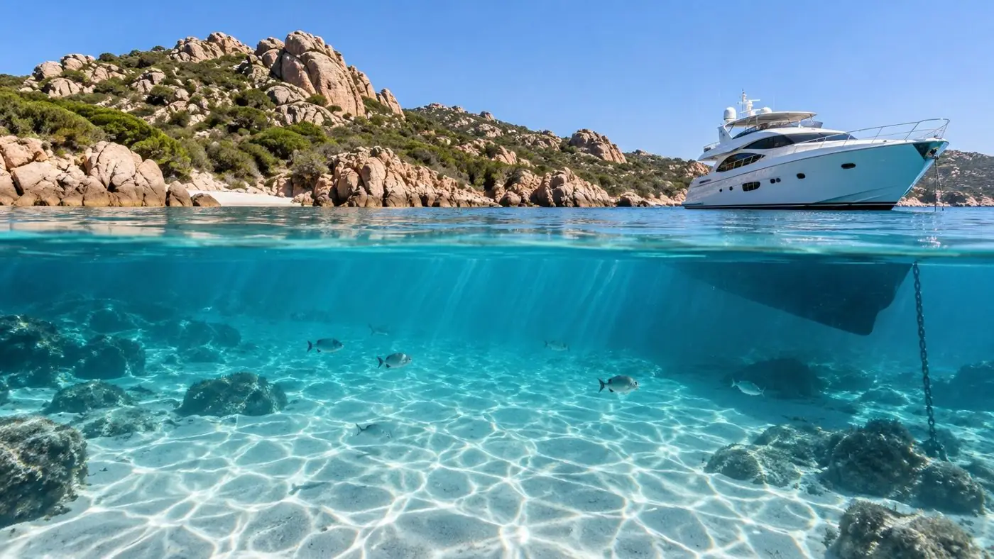 Cala della Costa Smeralda vista sopra e sotto la linea dell'acqua